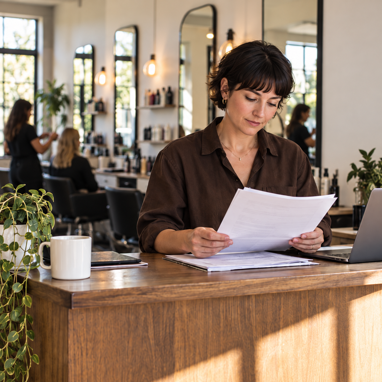 Salon owner reviewing source paperwork