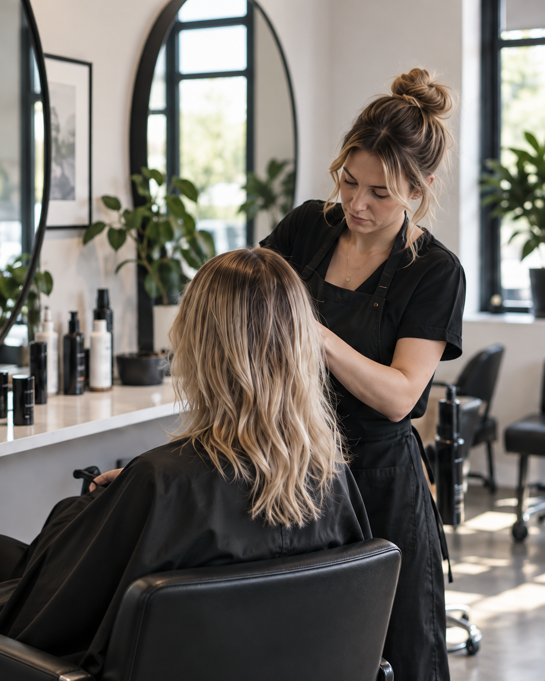Stylist carefully working on a client’s hair